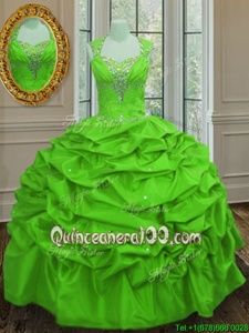 Luxury Straps Straps Spring Green Ball Gowns Beading and Pick Ups Quinceanera Gowns Lace Up Taffeta Cap Sleeves Floor Length