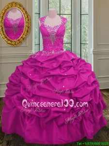 Sophisticated Straps Straps Cap Sleeves Floor Length Lace Up Sweet 16 Quinceanera Dress Fuchsia and In forMilitary Ball and Sweet 16 and Quinceanera withBeading and Pick Ups