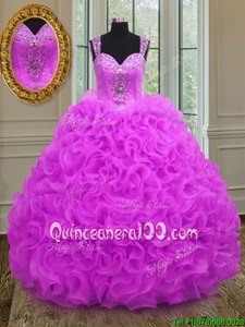 Beauteous Straps Straps Fuchsia Lace Up Ball Gown Prom Dress Beading and Ruffles Sleeveless Floor Length