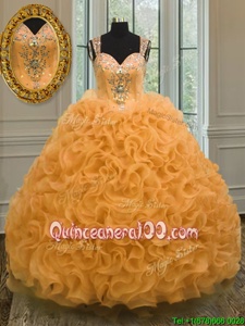 Excellent Orange Ball Gowns Sweetheart Sleeveless Organza Floor Length Zipper Beading and Ruffles Quinceanera Dresses