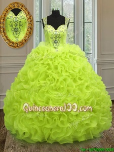 Straps Straps Floor Length Yellow Green Quinceanera Dresses Organza Sleeveless Spring and Summer and Fall and Winter Beading and Ruffles