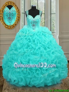 Dazzling Straps Straps Aqua Blue Sleeveless Organza Zipper Ball Gown Prom Dress forMilitary Ball and Sweet 16 and Quinceanera