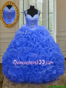 Custom Fit Straps Sleeveless Quinceanera Gown Floor Length Beading and Ruffles Royal Blue Organza