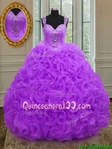 Most Popular Straps Straps Purple Sleeveless Floor Length Beading and Ruffles Zipper 15th Birthday Dress