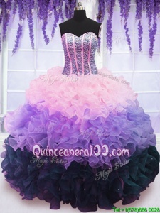 On Sale Multi-color Organza Lace Up Ball Gown Prom Dress Sleeveless Floor Length Beading and Ruffles and Ruffled Layers