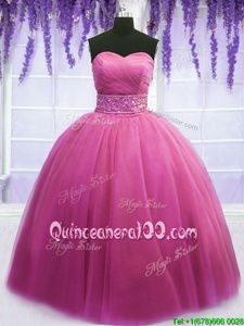 Colorful Sleeveless Tulle Floor Length Lace Up Quinceanera Gowns inRose Pink forSpring and Summer and Fall and Winter withBeading and Belt