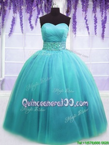 Traditional Blue Lace Up Quinceanera Dresses Belt Sleeveless Floor Length