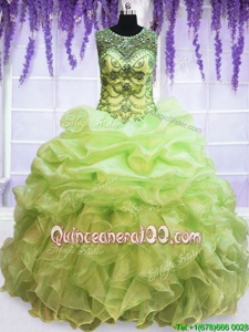 Fantastic Yellow Green Ball Gowns Organza Scoop Sleeveless Beading and Pick Ups Floor Length Lace Up Quinceanera Dresses