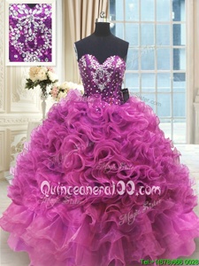Designer Floor Length Lace Up Ball Gown Prom Dress Fuchsia and In forMilitary Ball and Sweet 16 and Quinceanera withBeading and Ruffles