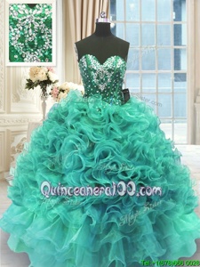 High Class Sleeveless Floor Length Beading and Ruffles Lace Up Sweet 16 Dresses with Turquoise