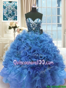 Exquisite Blue Sleeveless Beading and Ruffles Floor Length Quinceanera Dress