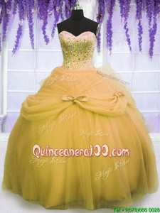 New Style Gold Lace Up Sweetheart Beading and Bowknot Quinceanera Gown Tulle Sleeveless