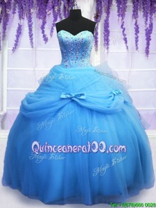 Stunning Beading and Bowknot 15 Quinceanera Dress Blue Lace Up Sleeveless Floor Length