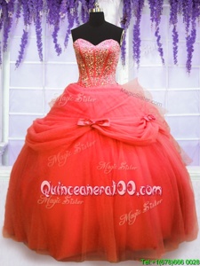 Sexy Coral Red Tulle Lace Up Sweetheart Sleeveless Floor Length Quinceanera Gowns Beading and Bowknot