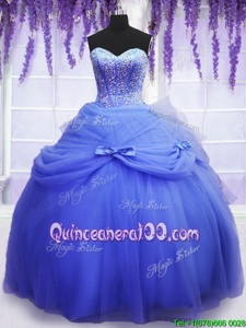Edgy Blue Lace Up Quinceanera Gowns Beading and Bowknot Sleeveless Floor Length