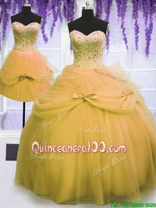 Custom Designed Three Piece Gold Tulle Lace Up Sweetheart Sleeveless Floor Length 15th Birthday Dress Beading and Bowknot