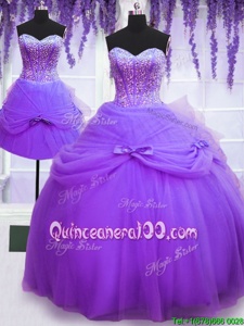 Vintage Three Piece Tulle Sweetheart Sleeveless Lace Up Beading and Bowknot Sweet 16 Dress inPurple