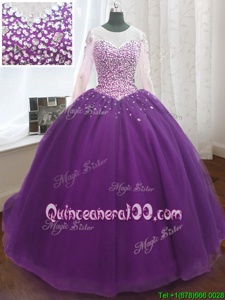 Affordable Scoop Purple Organza Lace Up Ball Gown Prom Dress Long Sleeves Sweep Train Beading and Sequins