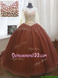 Shining Scoop Long Sleeves Organza Sweep Train Lace Up Sweet 16 Quinceanera Dress inBrown forSpring and Summer and Fall and Winter withBeading and Sequins