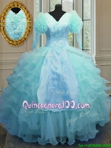 Clearance Blue V-neck Neckline Embroidery and Ruffled Layers Quinceanera Dress Long Sleeves Zipper
