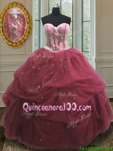 Burgundy Lace Up Quinceanera Gown Sequins and Pick Ups Sleeveless Floor Length