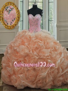 Romantic Sleeveless Beading and Pick Ups Lace Up Ball Gown Prom Dress with Peach Sweep Train