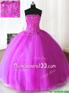 Simple Fuchsia Tulle Lace Up Strapless Sleeveless Floor Length 15 Quinceanera Dress Beading and Appliques