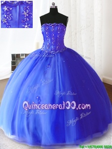 Suitable Floor Length Royal Blue Sweet 16 Dresses Strapless Sleeveless Lace Up