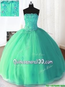 New Style Turquoise Ball Gowns Tulle Strapless Sleeveless Beading and Appliques Floor Length Lace Up Sweet 16 Dress