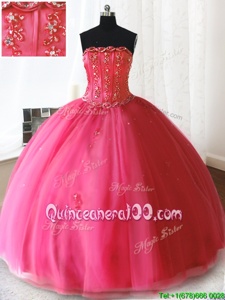 Unique Ball Gowns Sweet 16 Dresses Hot Pink Strapless Tulle Sleeveless Floor Length Lace Up
