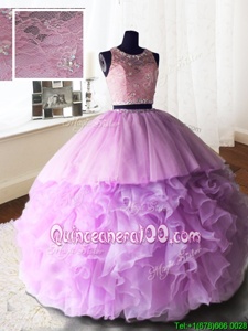 Fashion Lilac Zipper Scoop Beading and Lace and Ruffles Sweet 16 Dress Organza and Tulle and Lace Sleeveless Brush Train