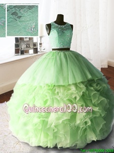 Great Scoop Spring Green Sleeveless Organza and Tulle and Lace Brush Train Zipper Sweet 16 Dresses forMilitary Ball and Sweet 16 and Quinceanera