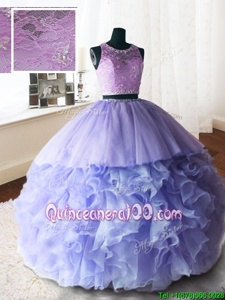 Fabulous Lace With Train Lavender Ball Gown Prom Dress Scoop Sleeveless Brush Train Zipper