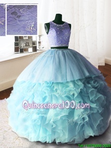 Pretty Scoop Lace With Train Ball Gowns Sleeveless Baby Blue Quinceanera Dresses Brush Train Zipper