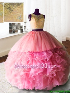 Dazzling Scoop Sleeveless With Train Beading and Lace and Ruffles Zipper Quince Ball Gowns with Rose Pink Brush Train