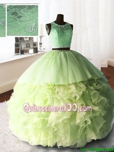 Custom Designed Yellow Green Ball Gowns Organza and Tulle and Lace Scoop Sleeveless Beading and Lace and Ruffles With Train Zipper 15 Quinceanera Dress Brush Train