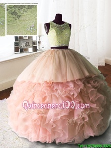 Baby Pink Organza and Tulle and Lace Zipper Scoop Sleeveless With Train Quinceanera Gowns Brush Train Beading and Lace and Ruffles