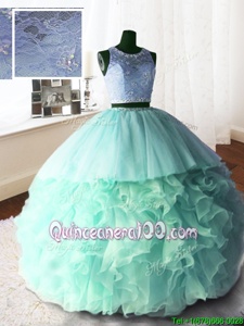 Glittering Scoop With Train Zipper Quinceanera Dresses Apple Green and In forMilitary Ball and Sweet 16 and Quinceanera withBeading and Lace and Ruffles Brush Train