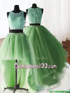 Unique Three Piece Scoop With Train Zipper 15 Quinceanera Dress Yellow Green and In forMilitary Ball and Sweet 16 and Quinceanera withBeading and Lace and Ruffles Brush Train
