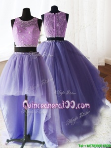 Most Popular Three Piece Scoop Sleeveless Brush Train Zipper 15 Quinceanera Dress Lavender Organza and Tulle and Lace