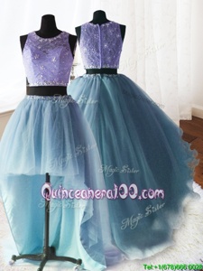 Beautiful Three Piece Scoop Baby Blue Sleeveless Brush Train Beading and Lace and Ruffles With Train 15th Birthday Dress