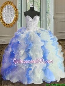 Super White and Blue Ball Gowns Sweetheart Sleeveless Organza Floor Length Lace Up Beading and Ruffles 15th Birthday Dress