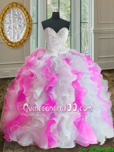 Fashion Organza Sweetheart Sleeveless Lace Up Beading and Ruffles Sweet 16 Quinceanera Dress inPink And White