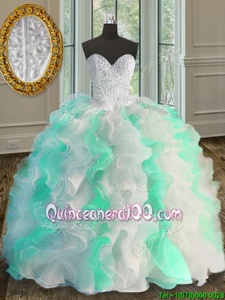 Nice White and Green Sleeveless Organza Lace Up Sweet 16 Quinceanera Dress forMilitary Ball and Sweet 16 and Quinceanera