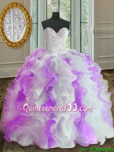 Traditional White And Purple Sweet 16 Dress Military Ball and Sweet 16 and Quinceanera and For withBeading and Ruffles Sweetheart Sleeveless Lace Up