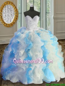 Nice Blue And White Sleeveless Beading and Ruffles Floor Length Quinceanera Gowns