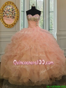 Chic Floor Length Lace Up Sweet 16 Dresses Peach and In forMilitary Ball and Sweet 16 and Quinceanera withBeading and Ruffles