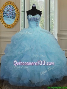 Edgy Baby Blue Quinceanera Gowns Military Ball and Sweet 16 and Quinceanera and For withBeading and Ruffles Sweetheart Sleeveless Lace Up