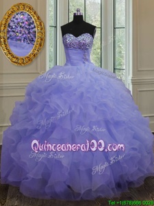 Wonderful Lavender Organza Lace Up Sweetheart Sleeveless Floor Length Sweet 16 Quinceanera Dress Beading and Ruffles