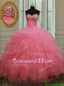 High End Ball Gowns Vestidos de Quinceanera Rose Pink Sweetheart Organza Sleeveless Floor Length Lace Up